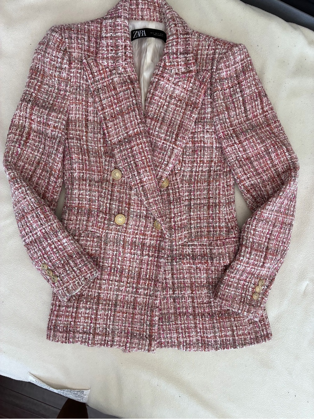 Zara Pink Tweed Double-Breasted Blazer